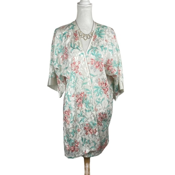 Vintage 80s Ivory Based Pastel Pink Teal Silver Floral Print Satin Wrap Robe - Picture 1 of 10